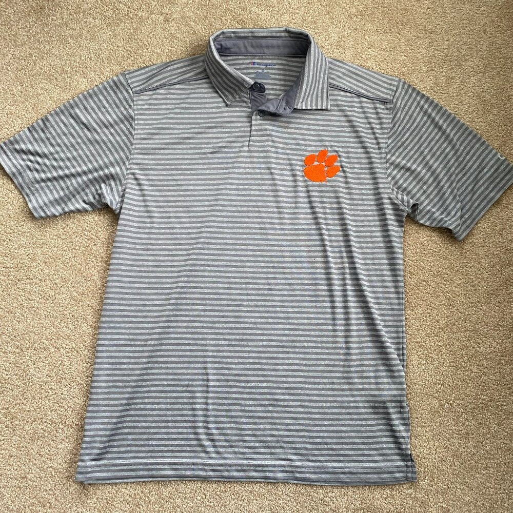 Champion grey striped Clemson polo shirt, men's medium, NWOT